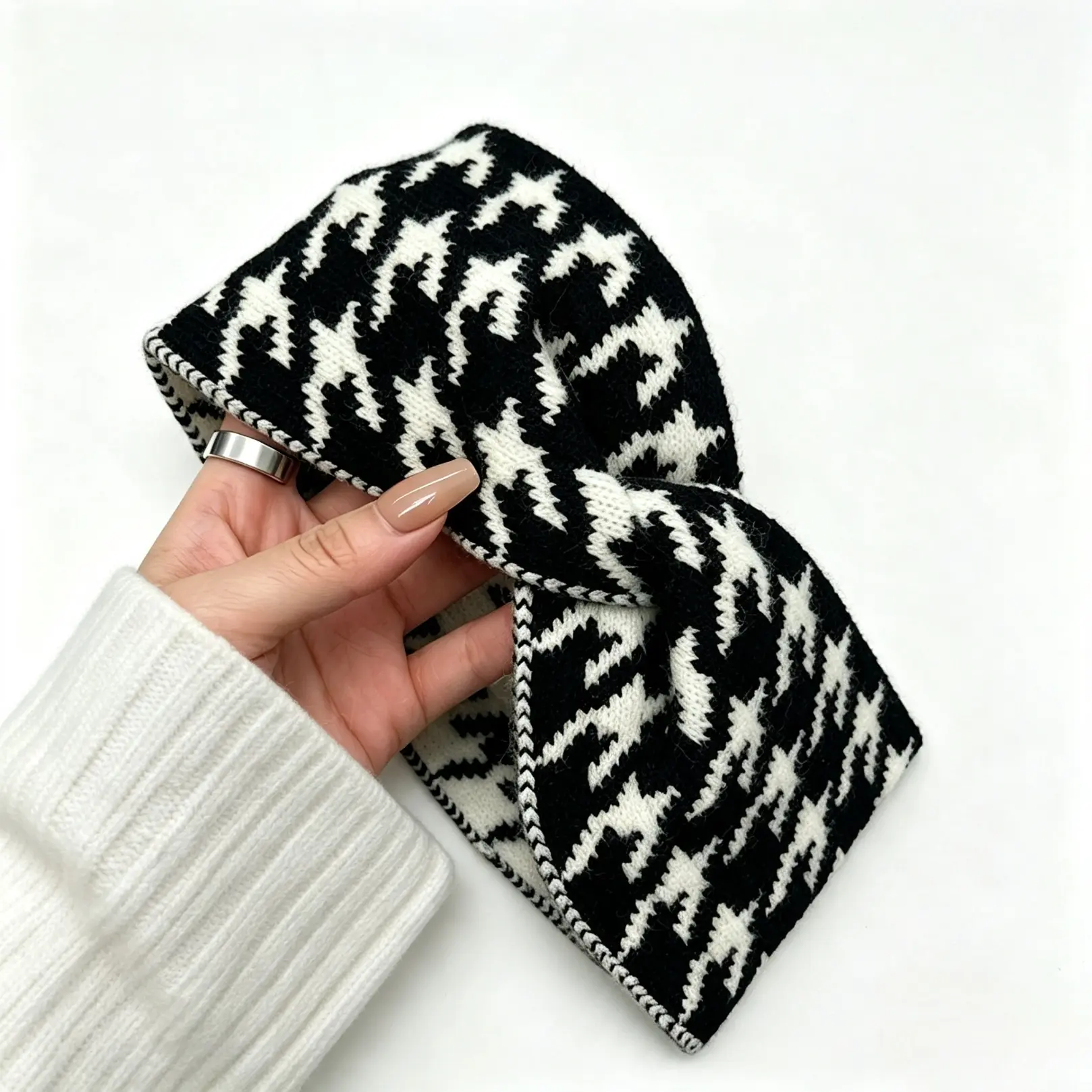 Women's Retro Chic Classic Houndstooth Wide Band Headband - Stretch Knit Soft Hair Accessory, One Size for Casual Outings Fashion Headwear