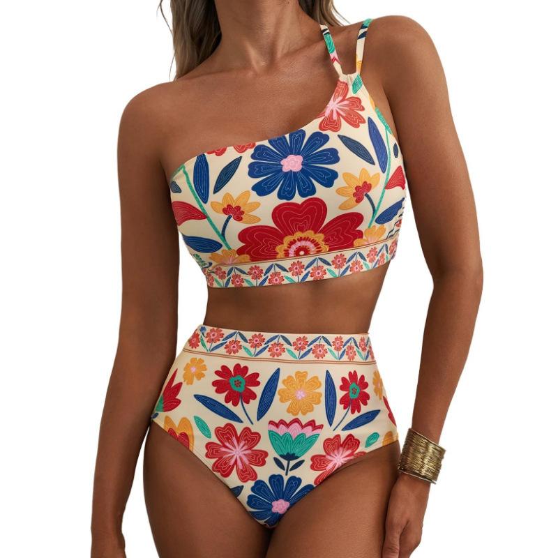 "Floral One-Shoulder Bikini Set - Vibrant High-Waist Swimwear for Summer"