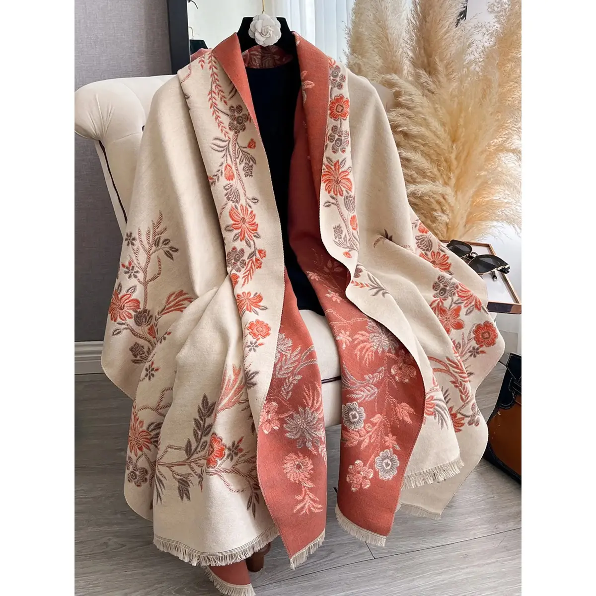 Female Italian Chic Tencel Chiffon Floral Print Scarf Shawl - 1 Size Fall-Winter Warm Wrap, Elegant Casual Boho Fashion Accessory for Everyday Wear, One Size
