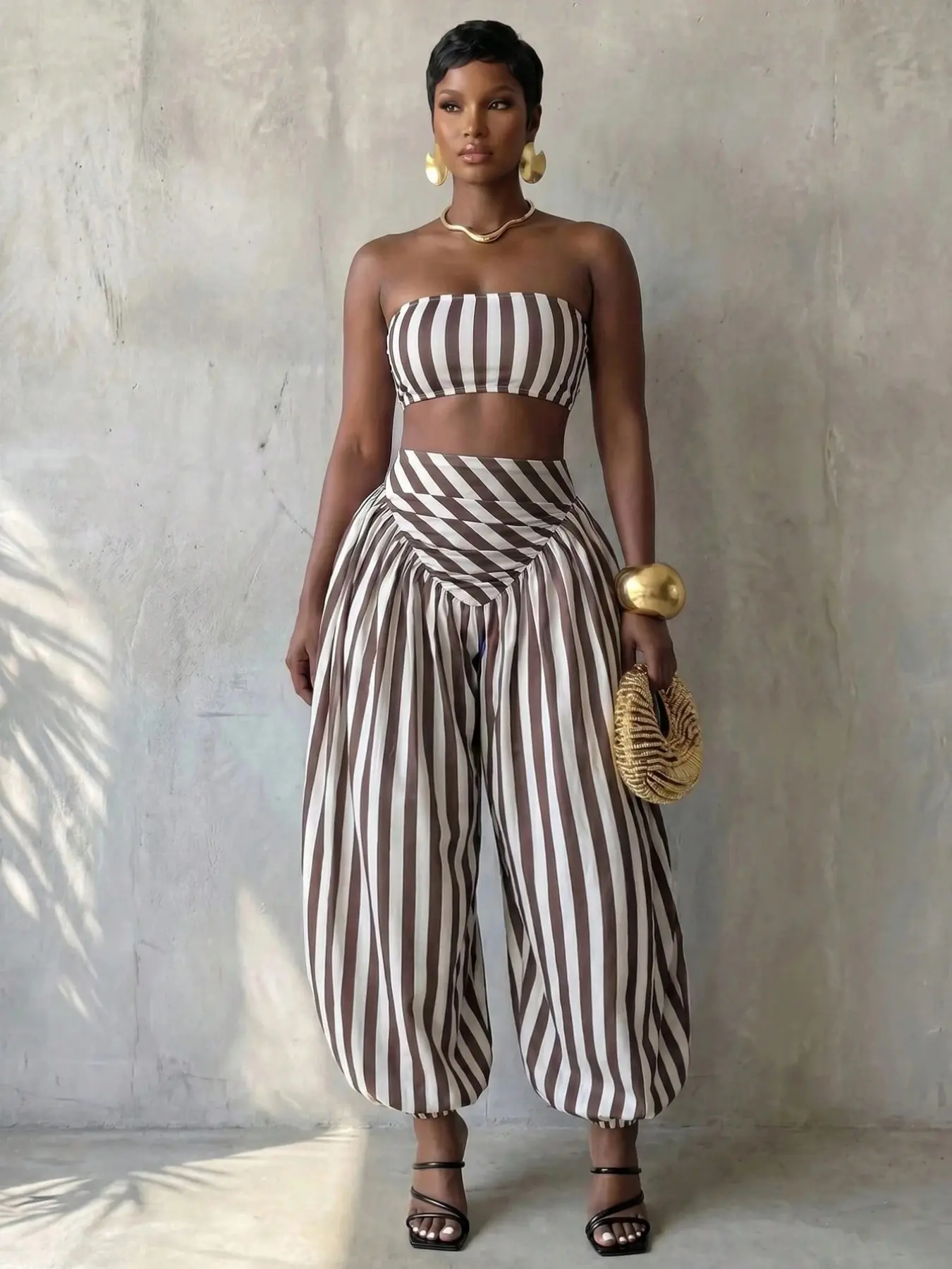 Women's Striped Cropped Tube Top & Loose Lantern Pants 2‑Piece Set, Comfortable Tropical Outfit for Summer Vacation