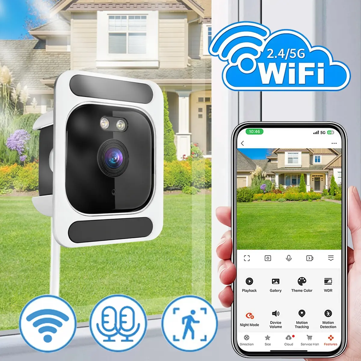 Smart Indoor Window Camera, Dual Band WiFi Security Camera with Stick-On Installation, Full Color Night Vision, Two-Way Audio Talk, Smart Motion Alerts, Cloud & SD Card Storage, Mobile App Remote Monitoring for Home