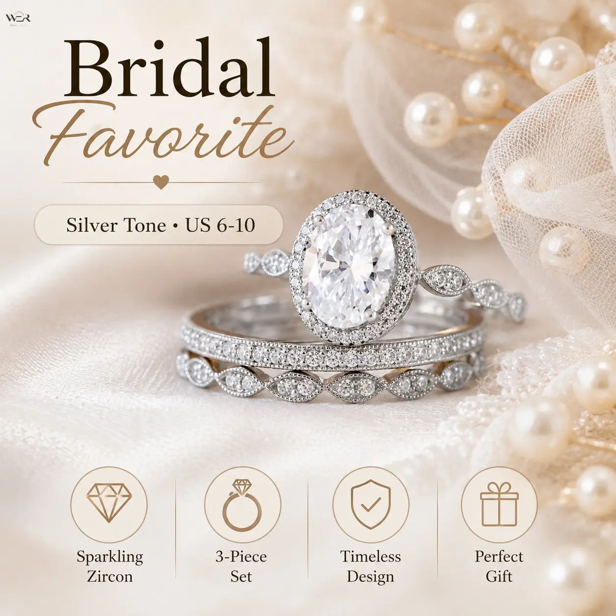 Wedding Ring Set for Women, 3-Piece Stackable Oval Halo CZ Engagement Ring with Leaf Carved Pave Bands, Anti-Tarnish Alloy Jewelry, US Sizes 6-10, Tarnish Proof Jewelry, Stackable Bands, Women's Fashion