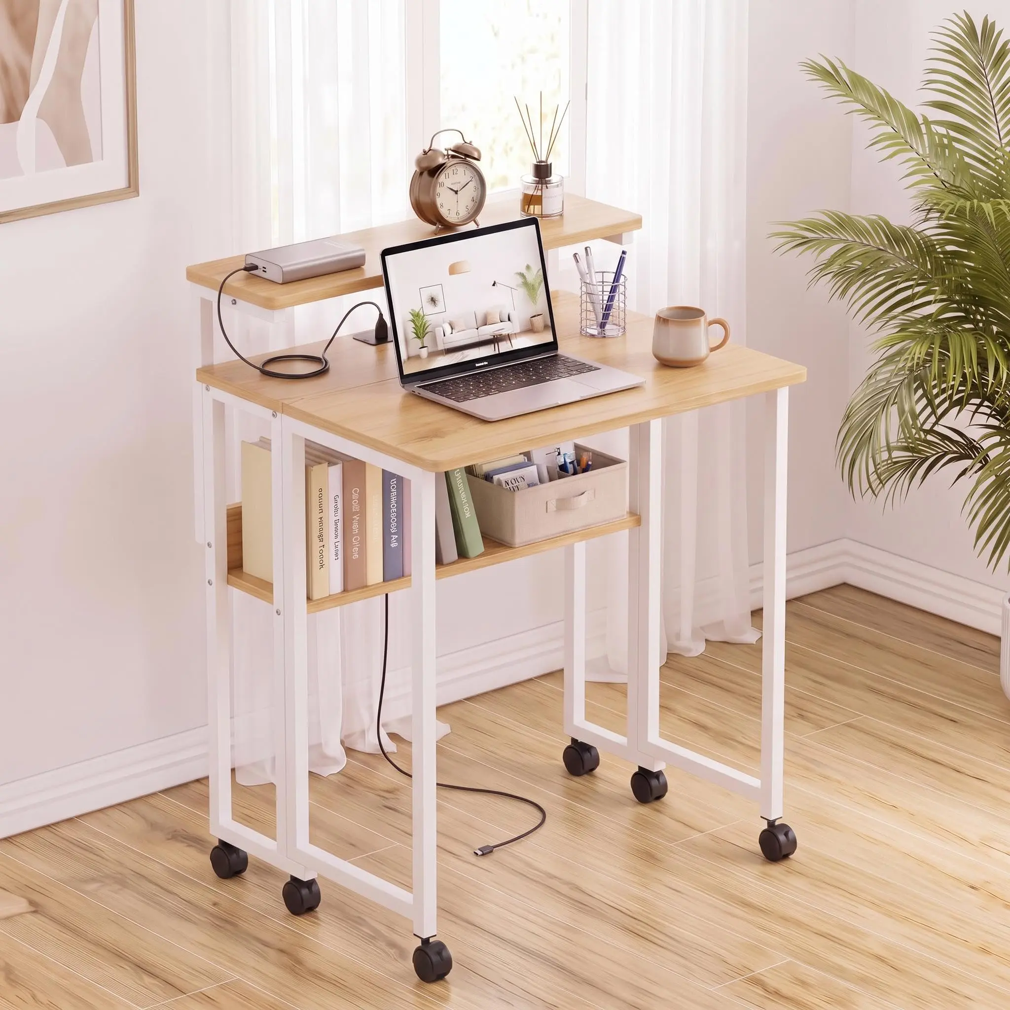 Modern Fold-Flat USB-Charging Desk - 24.8 in Metal-Wood Frame Rectangular Rolling Side Table, Compact Adjustable Desk & Workstation for Home Office Small Spaces, Compact Adjustable Desks & Workstations