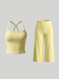 Women's Sporty Fitted Tank Top & High-Waist Wide-Leg Pants Set, Breathable Yoga Wear, Casual Home, All-Season Comfort
