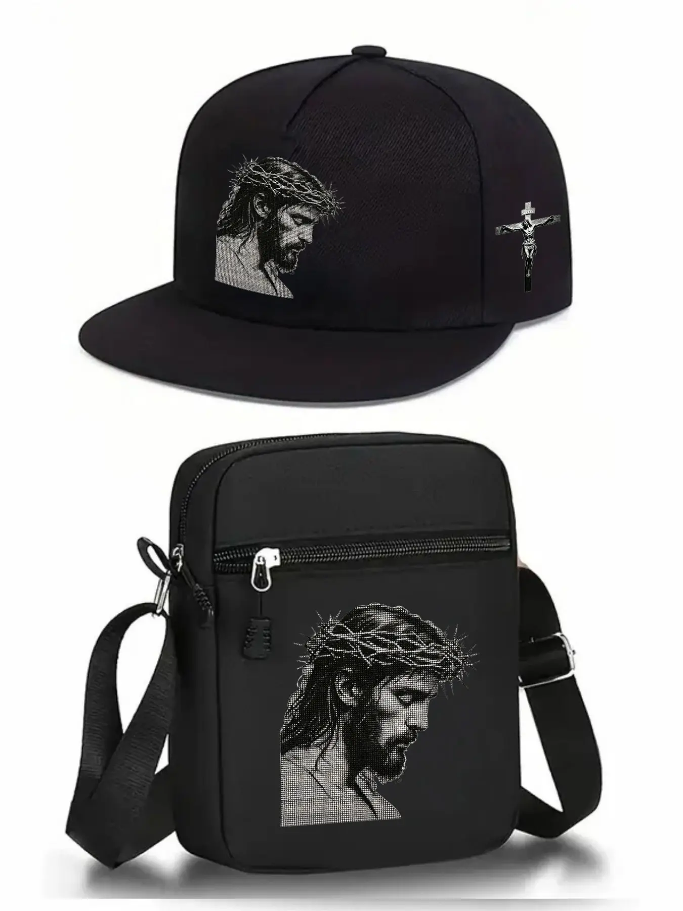 Jesus Cross Print Faith Baseball Hat and Shoulder Bag Set, Adjustable Street Fashion Outdoor Sports Gear, Coordinated Look, Baseball Cap, Accessories, Perfect for Daily Wear or Gift