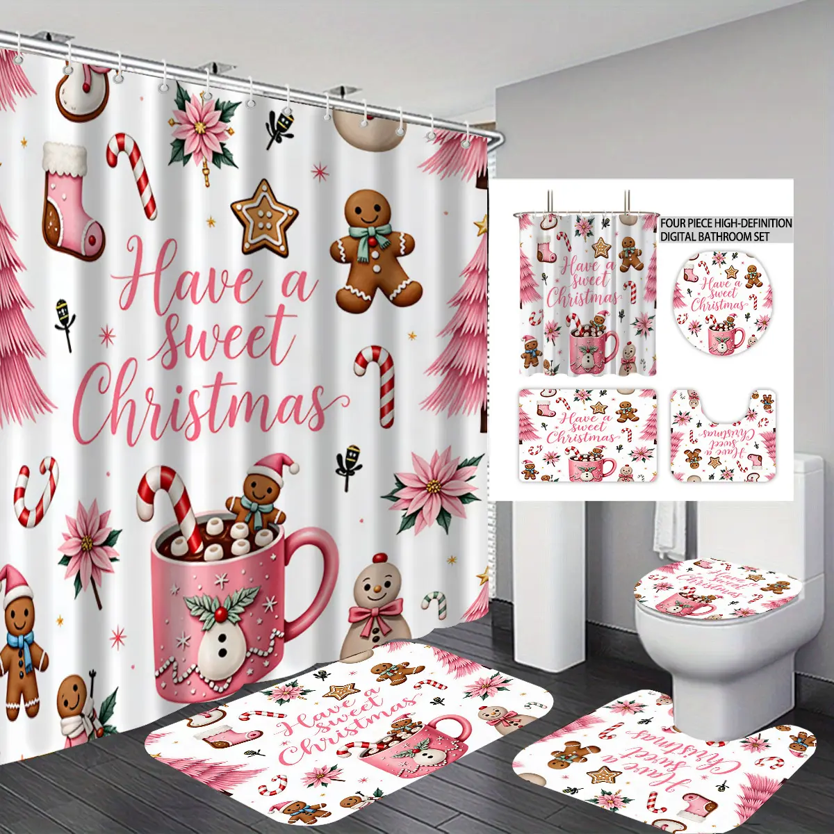 A four‑piece digital‑printed bathroom set, Christmas gingerbread man sweet cup themed print, contains shower curtain, bathroom floor mat, U‑shaped cushion and toilet seat cover, perfect as a gift