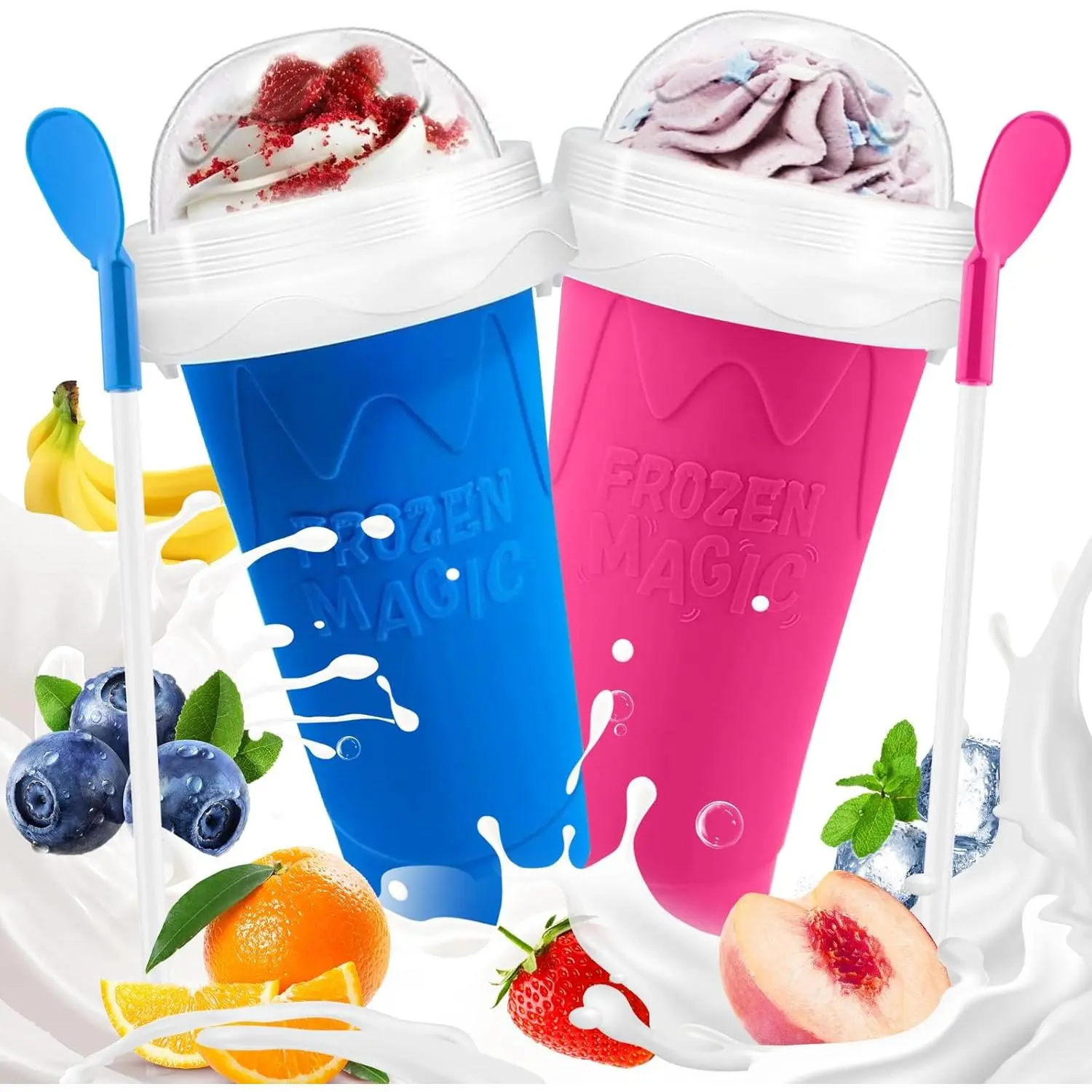 Slushie Cup, 2 Pack Slushy Maker Cup, DIY Magic Squeeze Cups for Juice Milk Yogurt Ice Cream Make, Frozen Cooling Cup with Lid & Straw Cool Stuff Things for Kids Friends Family (Blue+Pink)