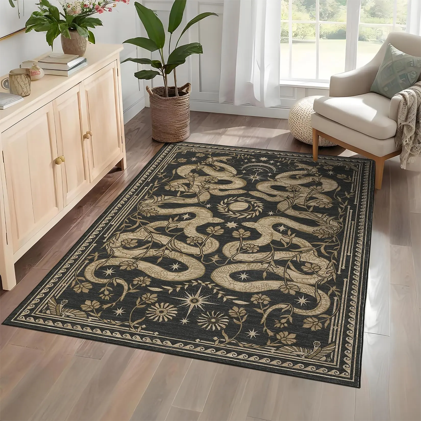 GARVEE 5x7 Washable Non-Slip Boho Snake Area Rug in Dark Grey, Soft Low Pile, Stain Resistant, Foldable Forest Design for Living Room, Bedroom, Dining Room, Nursery, and Office