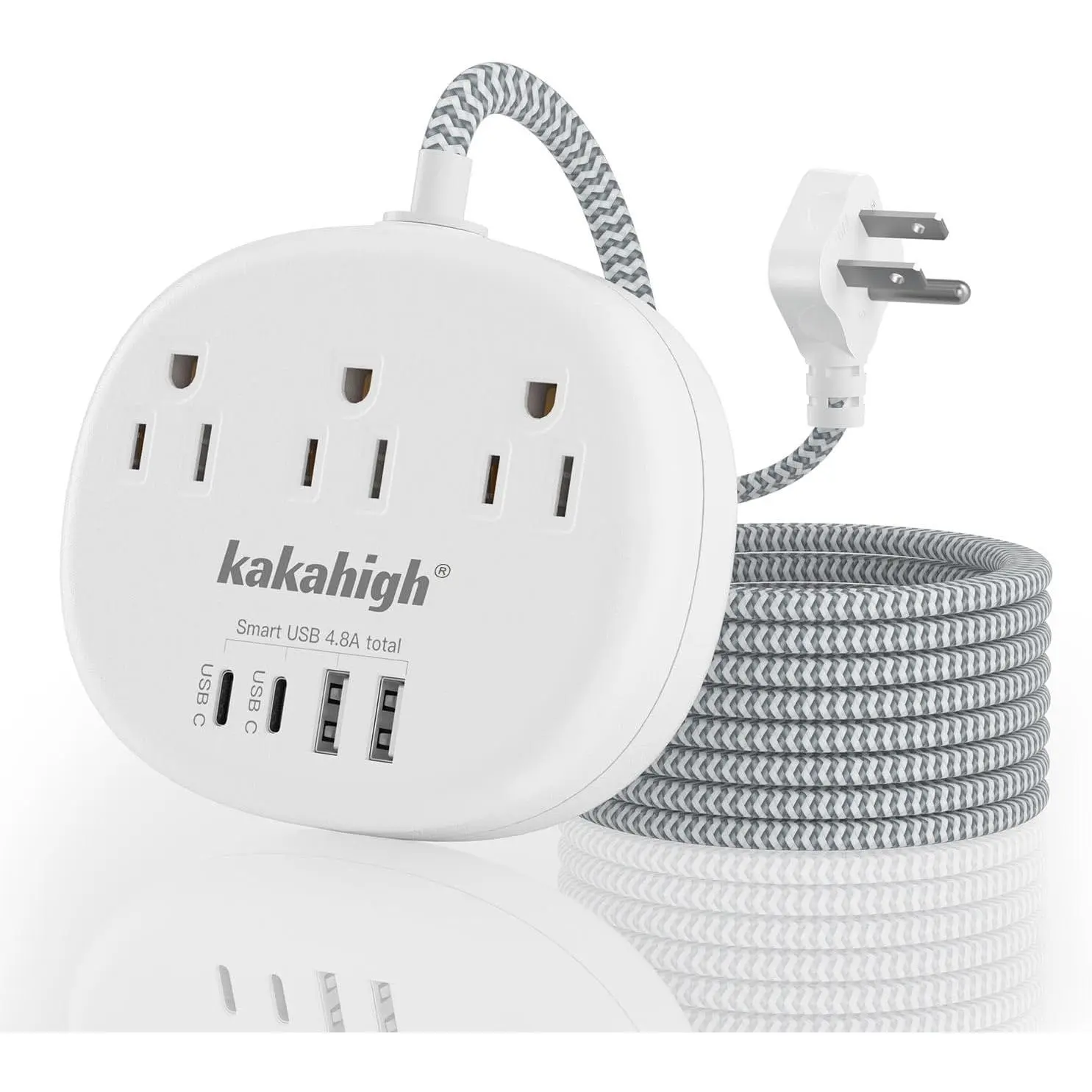 White Extension Cord Braided Extension Cord 10 Feet, 13 Amp (1625W) Power Strip with 3 AC Outlet 4 B (24W/4.8A), College Dorm Room Essentials, White