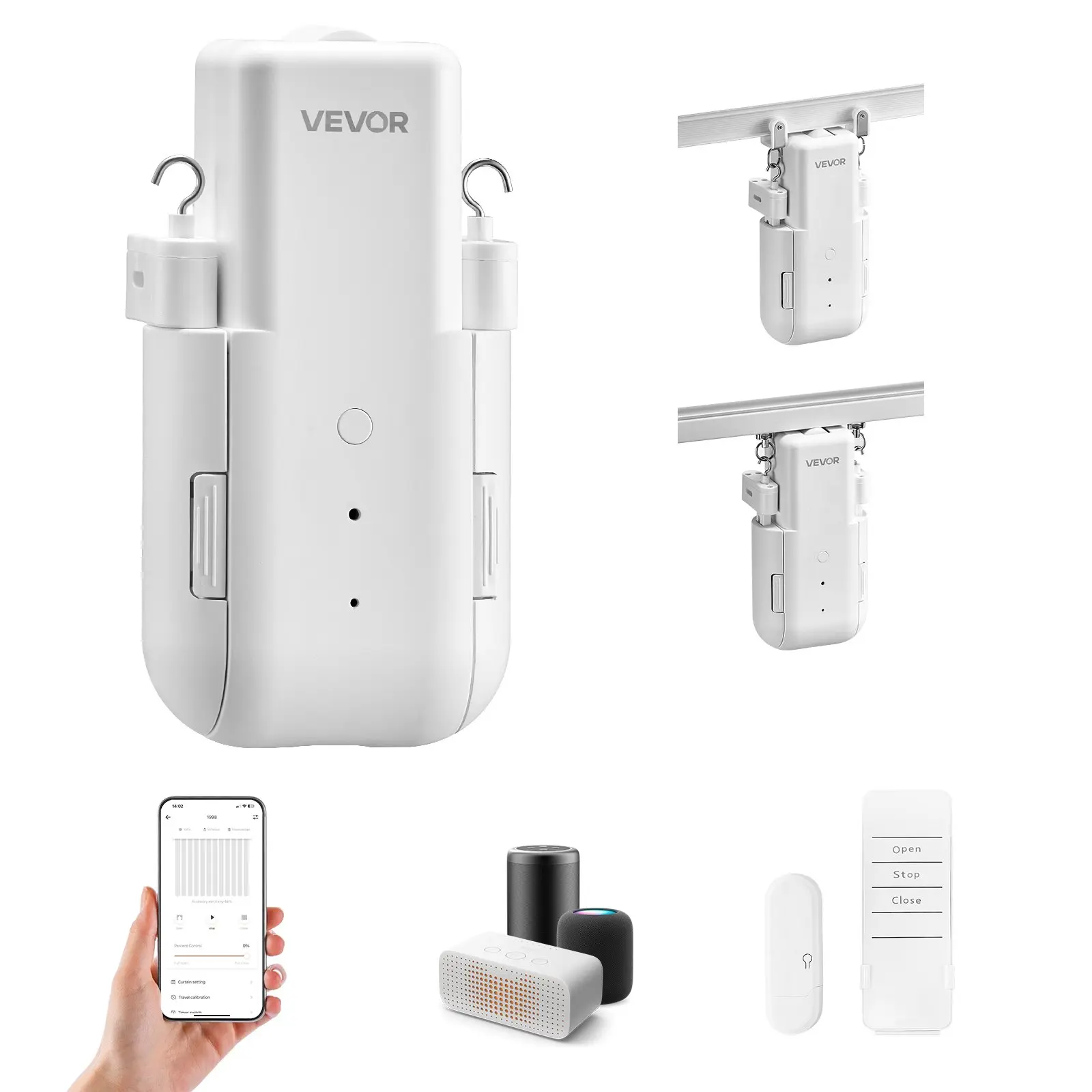 VEVOR Automatic Smart Curtain Opener with Included Hub, Remote Control, App Control, 2000 mAh, 9.4x3.4x2.2 in, 1.2 lbs ABS Shell, Alexa & Google Home Compatible for Smart Home Users, Timed Open/Close, Fits U-Shaped/I-Shaped Rails
