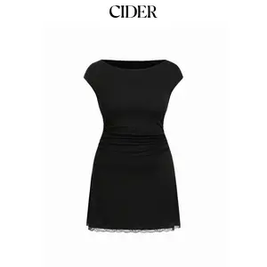 Cider Cotton-blend Boat Neck Ruched Lace Panel A-line Mini Dress Curve & Plus