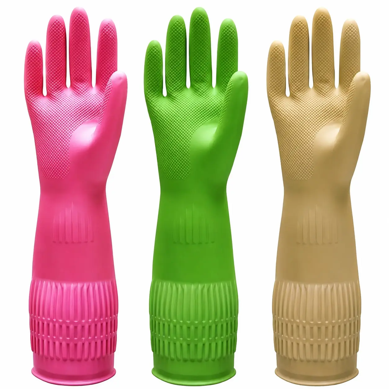 Extra-Long 15-Inch Cuffed Dishwashing Gloves with Enhanced Grip Texture, Durable Natural Rubber Construction, Flexible Fit for Large Hands, Ideal for Kitchen Cleaning, Dishwashing, and Household Tasks – Pack of Three Pairs in Red, Yellow, Green