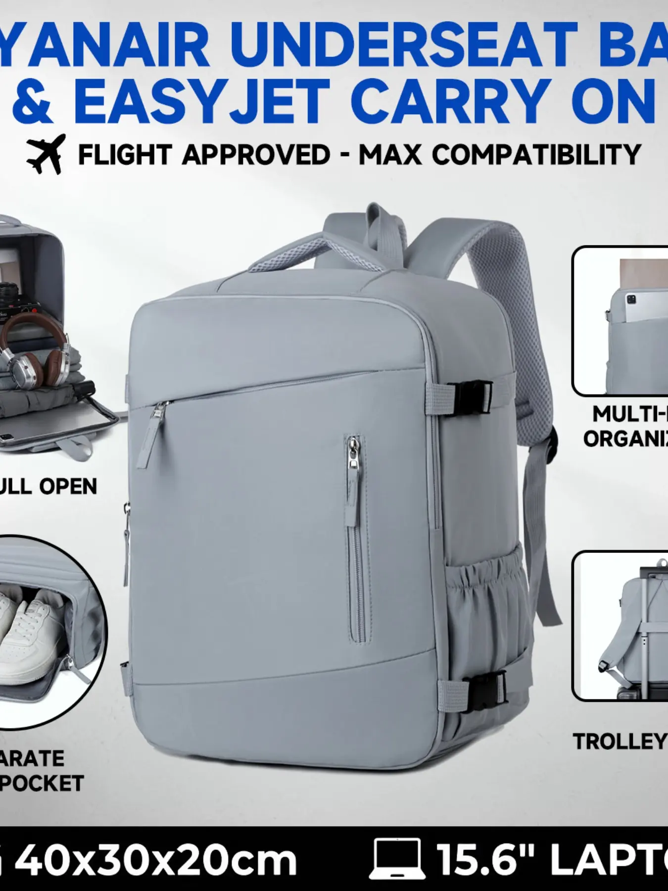 Ryanair standard size 15.75 x 11.81 x 7.87 inches travel backpack, Backpack for travel, Airport backpack, capacity carry-on backpack, airline-approved bag, fits economy class dimensions, easily fits under the seat, with zipper clos