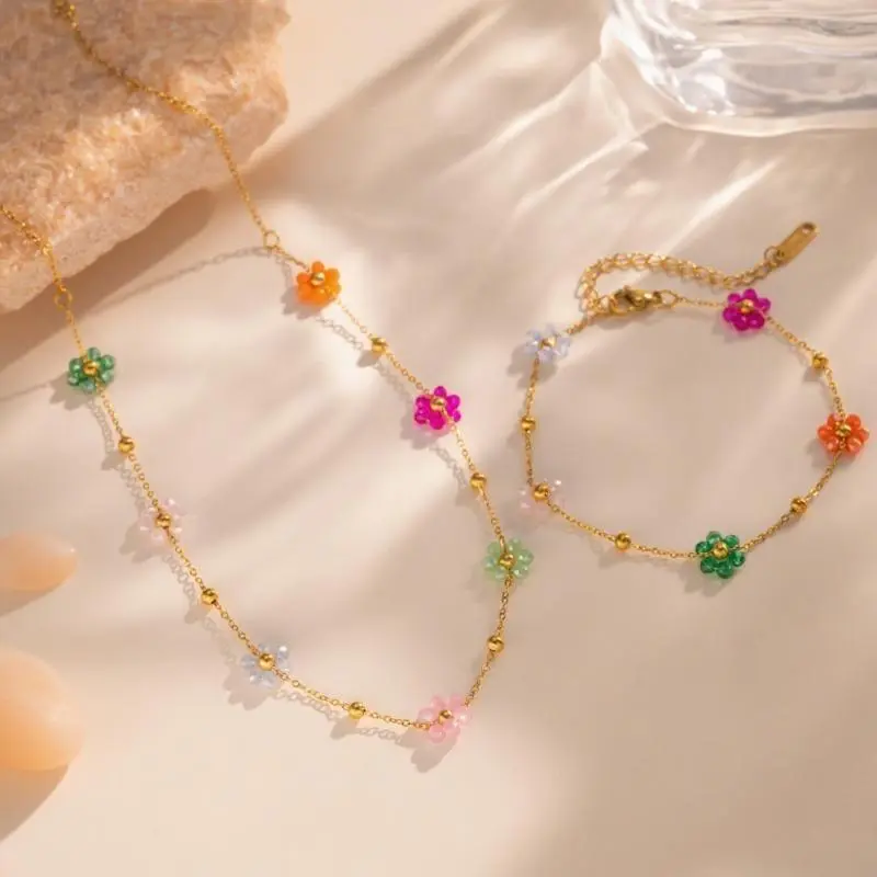 14K Gold Plated Rainbow Daisy Beaded Jewelry 2Pcs Set For Women, Handmade Pastel Multi-Color Floral Choker Necklace & Adjustable Bracelet, Waterproof Stainless Steel Cottagecore Dopamine Accessory, All-Match Spring Vacation Daily Jewelry, Sentimental Birt