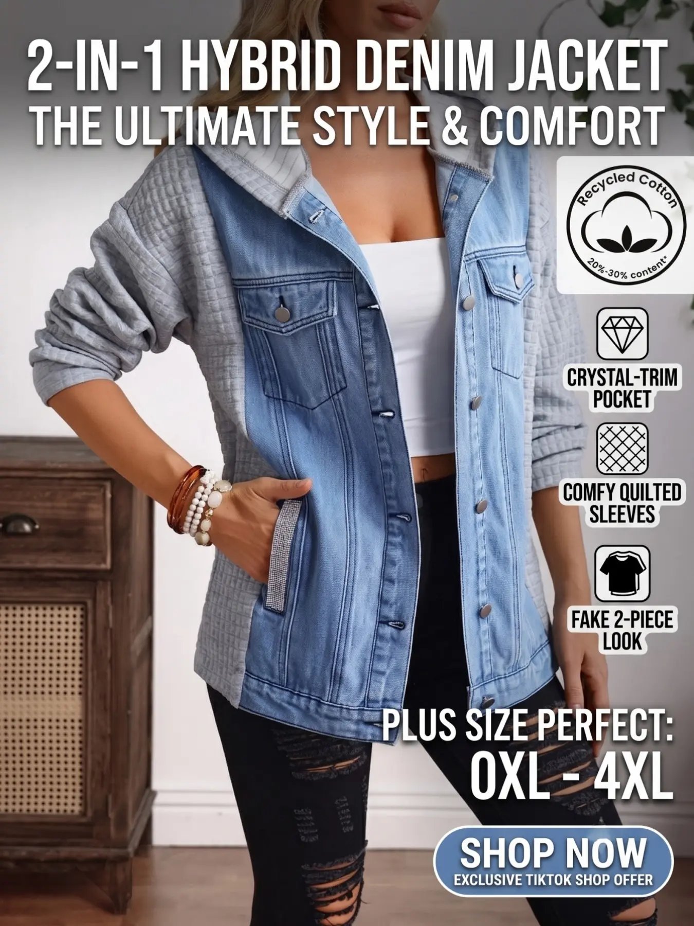 Women's Plus Size Two-Piece Hooded Denim Jacket, Colorblock Quilted Knit Sleeve, Casual Rhinestone Jacket, Fashion Outerwear