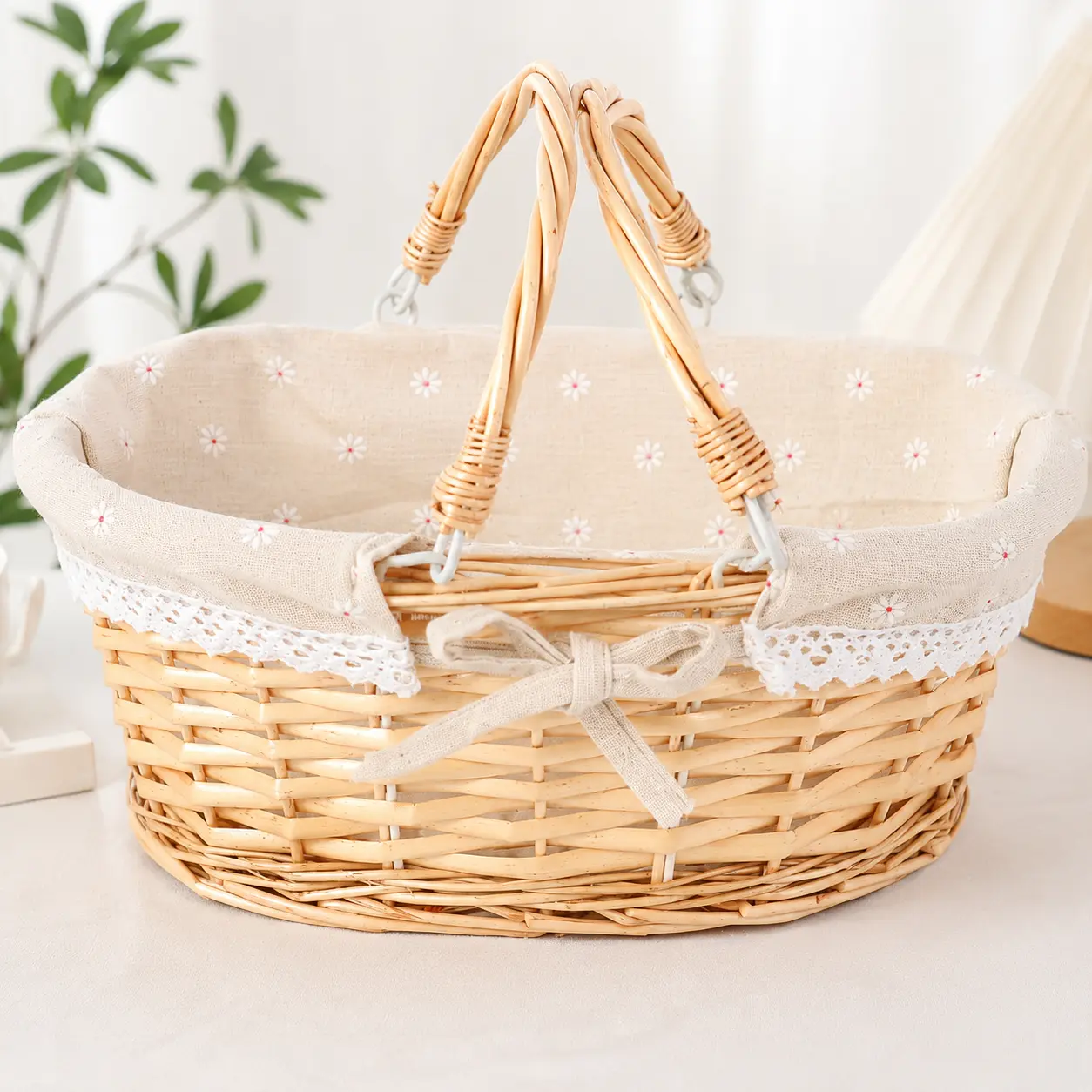 Wicker Gift Basket, 13-Inch Decorative Oval Woven Willow Organiser with Handles and Floral Liner for Easter, Weddings & Household Storage, 13X9x5.5", Easter Focus, Gift Ready, Handles & Liner, Lightweight, Beauty Products, Natural, Gift Display