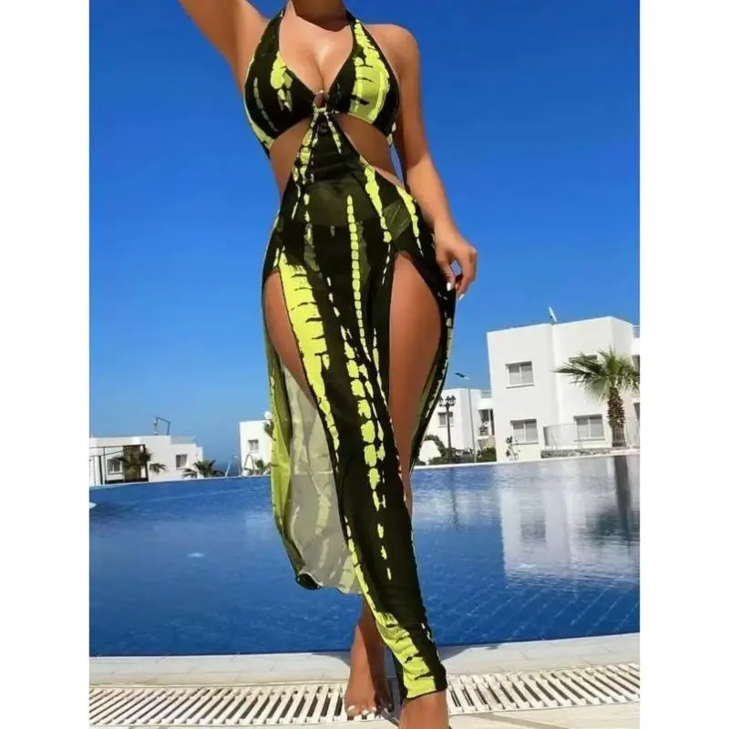 Women's 2-Piece Halter Neck Tie-Back Patchwork Print Ring-Linked High-Cut Bathing Suit, Beachwear Swimsuits, Fashion Beachwear Swimwear for Sports Activities Colorblock Bikini Set, Patchwork Print Bikinis, Patterned Swimsuit, Print Swimwear