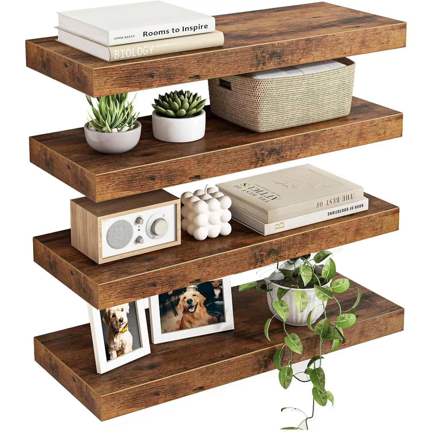 Floating Shelves for Wall Decor (Rustic Brown, Set of 4, 15.7 Inch)| MDF Shelves with Brackets, Saving for Books, Decor, Works in,, Living Room, Bedroom