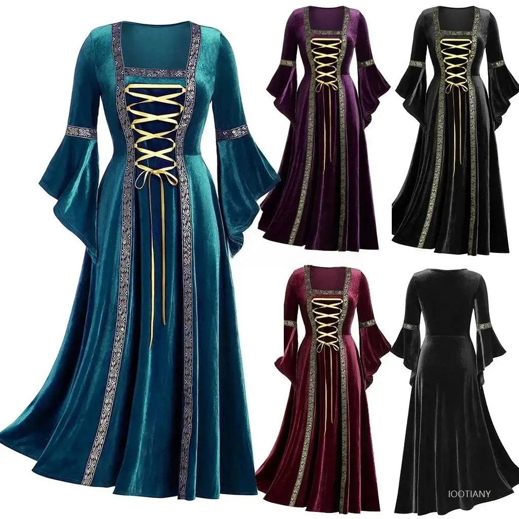 Halloween Women's Long Sleeve Medieval Court Role Play Velvet Costume Vintage Vampire Witch Victorian Gothic Bandage Dress 2025