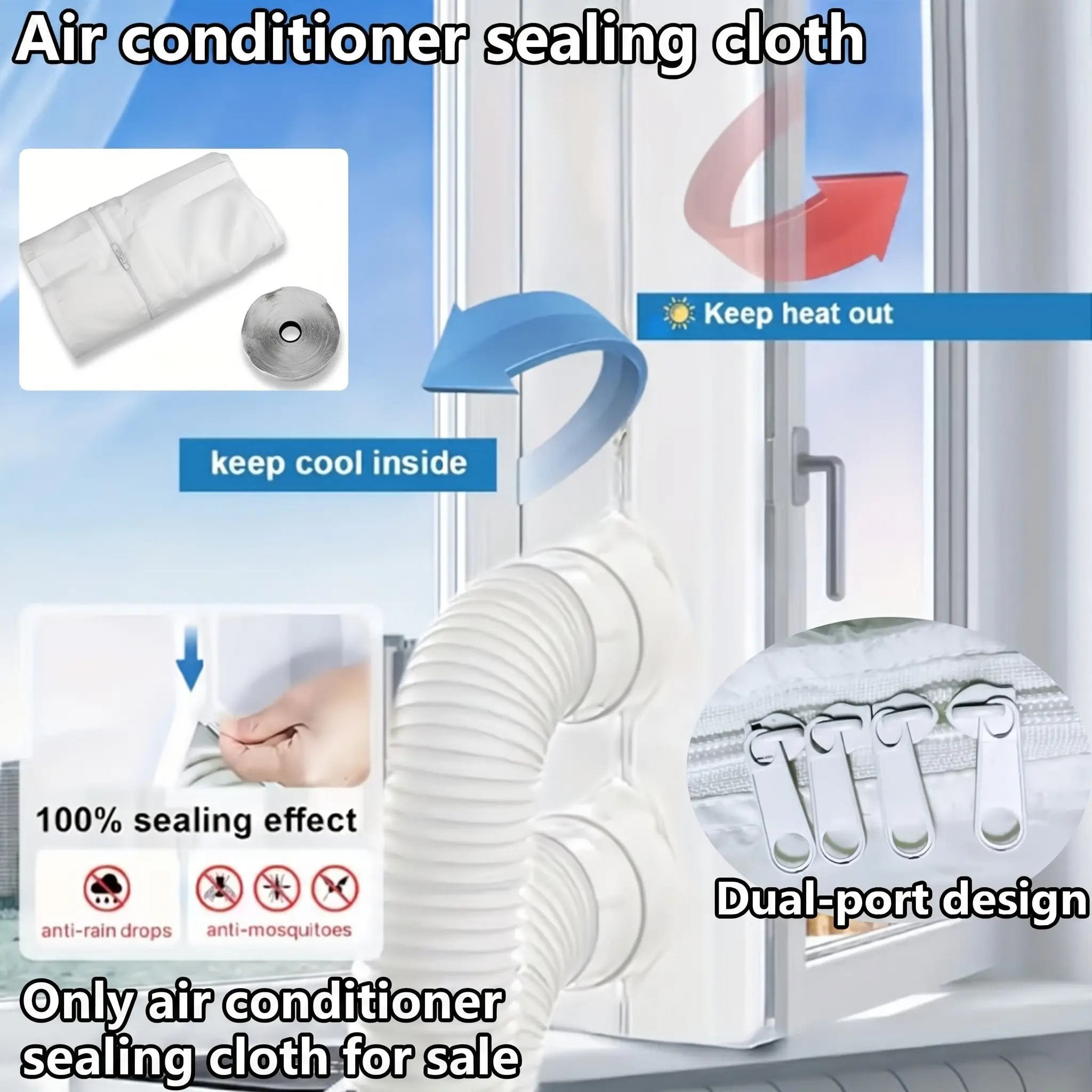 1 piece, 157-inch portable air conditioner sealing cloth, moisture-proof Rain window sealing kit with zipper and adhesive strip, easy to install without drilling, suitable for dryers and mobile air conditioners, universal model, Waterproof Cover