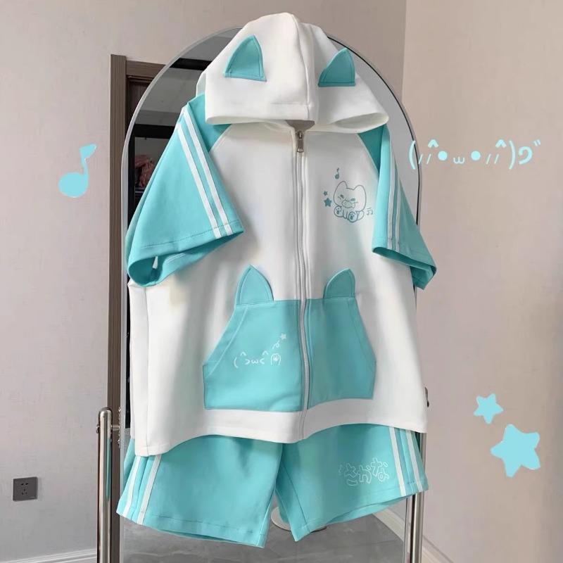Hatsune Miku Hooded Short Sleeve Tracksuit Cat Ears Cartoon Hatsune Miku Drawstring Shorts Girls Holiday Gifts Casual Fashion