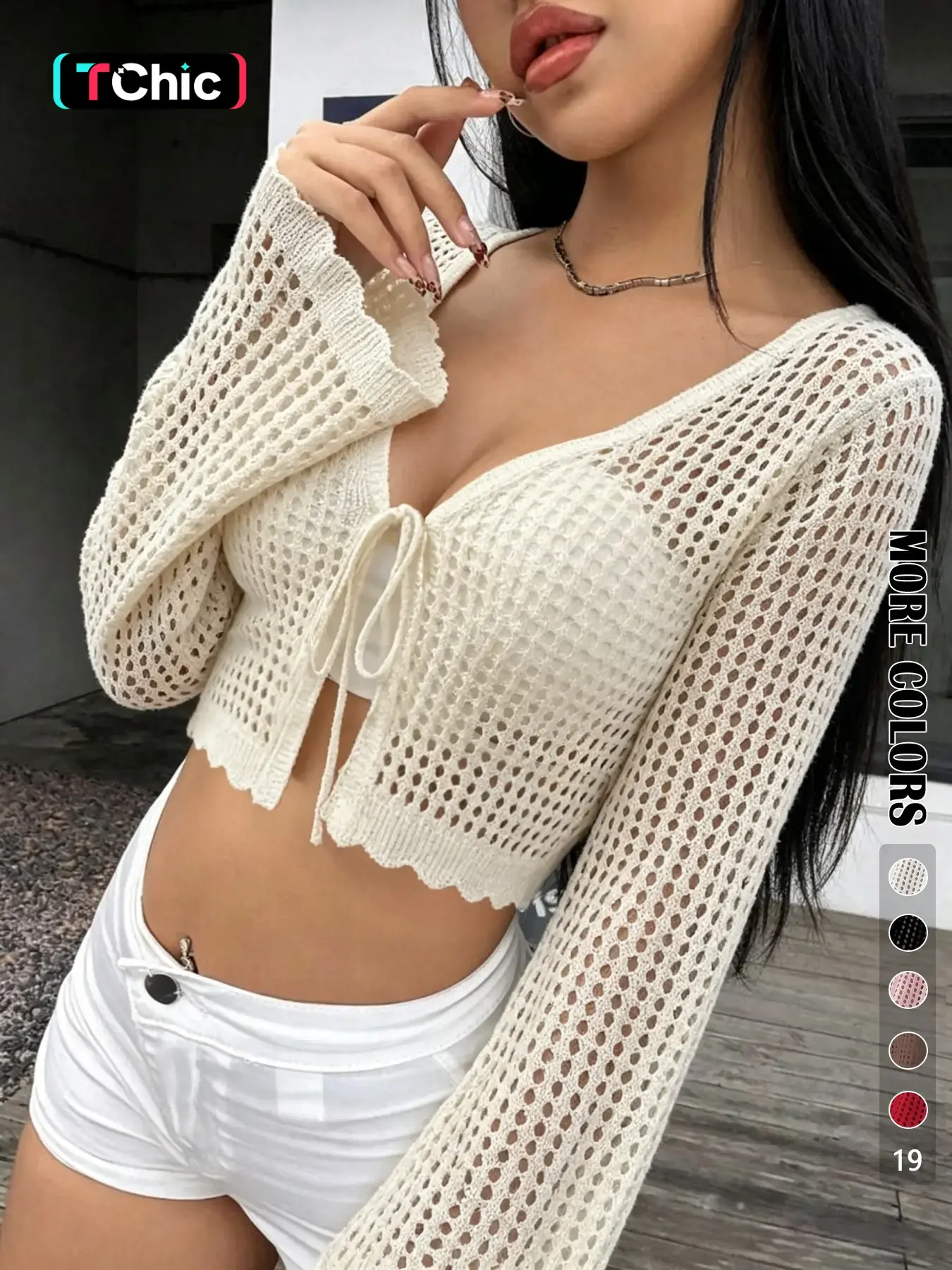 Women's Plain Hollow Out Tie Front Crop Cardigan, Casual Chic Feminine Flounce Sleeve V Neck Cover Up Knitwear for Spring & Fall, Women's Knit Clothing for Daily Wear