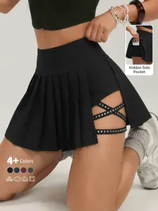 Gm036# High-Waisted Pleated Skirt Shorts for Women, Quick Drying Skort with Pockets, Outdoor Tennis Skirt, Anti-Slip Design