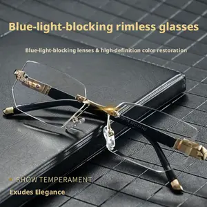 High-end frameless blue light blocking reading glasses for men and women, metal diamond-cut glasses with prescription for middle-aged and elderly, premium business reading glasses, blue light blocking and anti-fatigue high-definition reading glasses