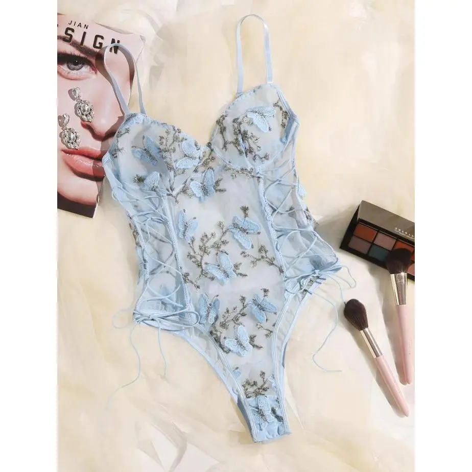Women's Luxury Romantic Purple Butterfly Embroidered Polyester Light Knit Fabric Print Teddy Bear Bodysuit, Deep V Backless Thong Mesh Jumpsuit, Lingerie, Sexy