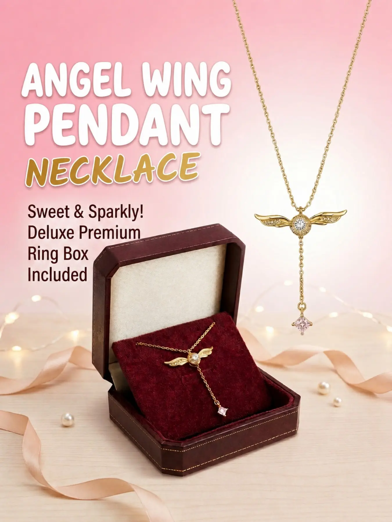 18K Gold Plated Angel Wing Pendant Necklace Premium Gift Box Set, Celestial CZ Crystal Drop Jewelry, Old Money Style Elegant Birthday & Holiday Gift for Women