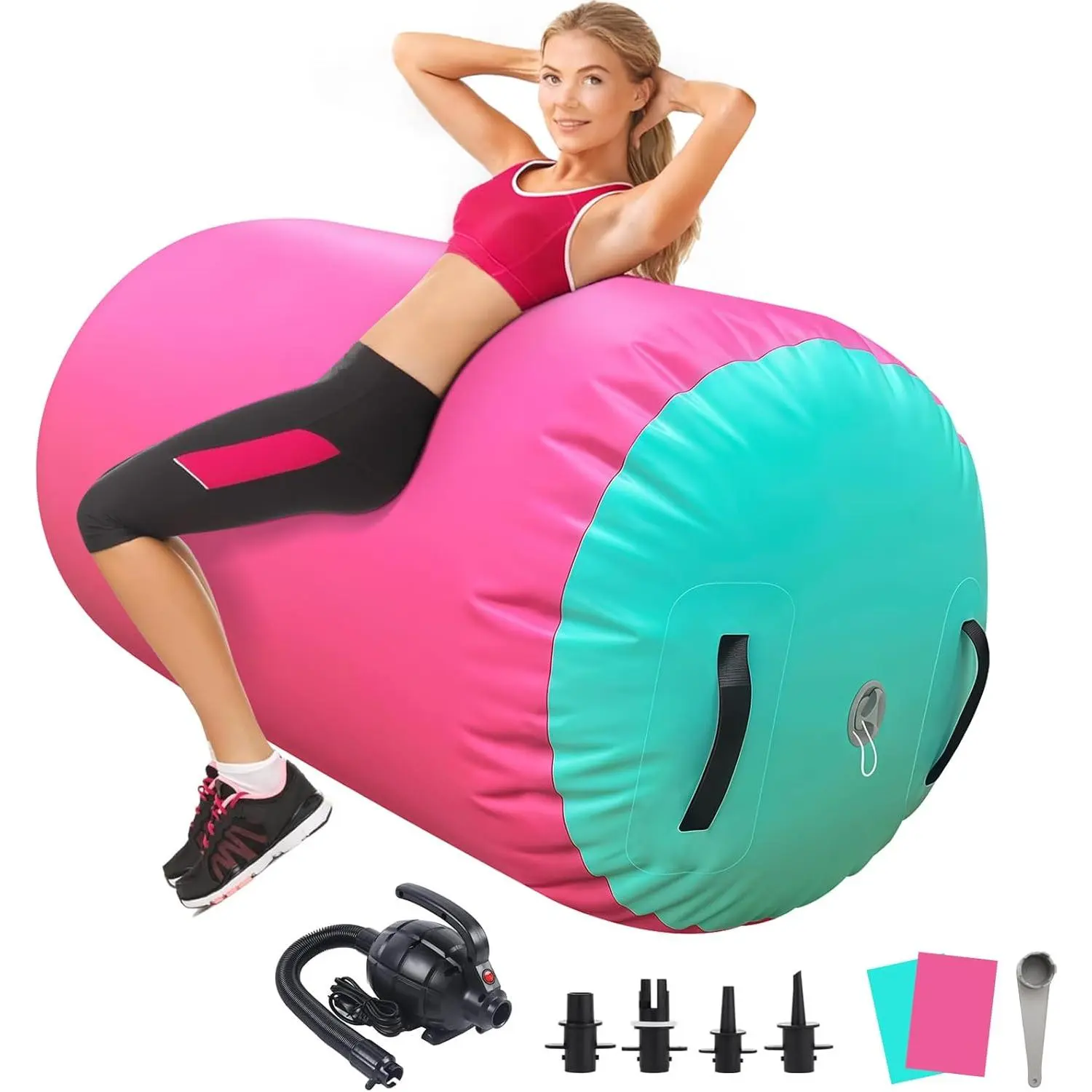 Air Roller Gymnastics Barrel Inflatable Tumbling Roller Air Mat Octagon Mat with Electric Pump for Backhandspring Training Cheerleading Home Use