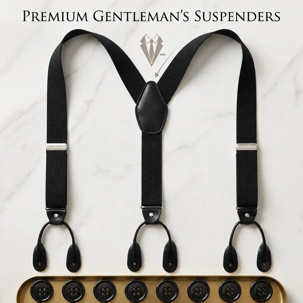 Men's Classic Y-Back Leather Button Suspenders - 1.4" Heavy Duty Adjustable Elastic Braces for Tuxedo, Suits & Weddings