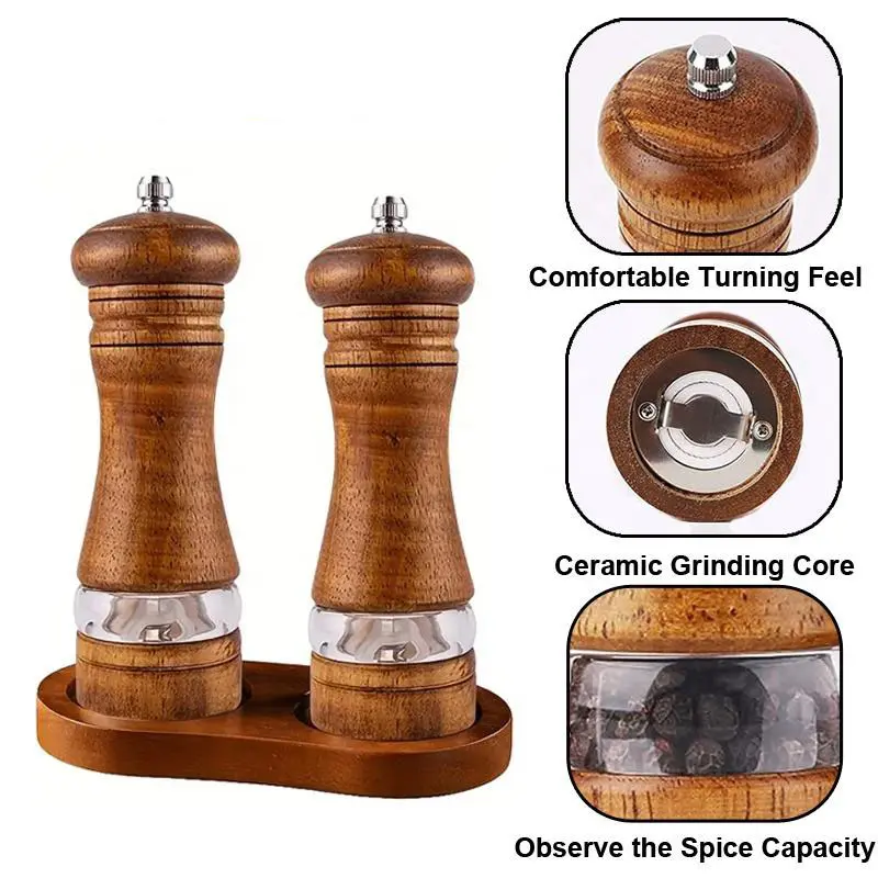 Wooden Salt and Pepper Grinder Set, Oak Salt Grinder, Pepper Grinder with Clear Acrylic Window, Vintage-Style Grinder with Stand, Suitable for Black Pepper, Sea Salt, Ideal Kitchen Accessories, Kitchen Gadgets for Home and Restaurant Use