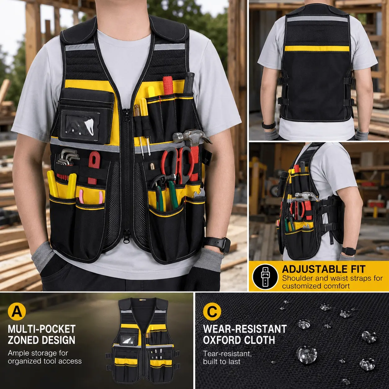 Heavy-Duty Ripstop Tool Safety Vest with Reflective Strips, Multi-Pocket Breathable Gear for Construction, Carpenter, Electrician, Mechanic, Gardening – Water-Resistant & Tear-Resistant Organizer