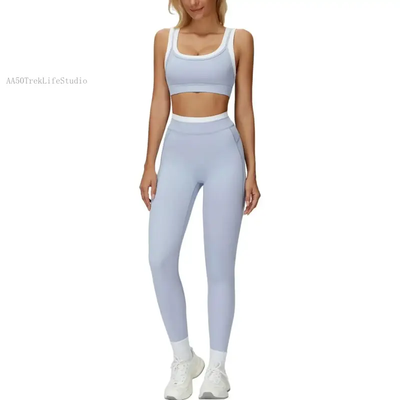 Workout Set Two Piece U Back Color Block Sports Bra Matching High Waist Leggings Gym Pilates Outfits AA50TrekLifeStudio