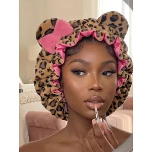 Luxury Teddy Material Hair Bonnet Hood - Leopard Print Pink Sleep Hair Wrap for Haircare, Styling, Ideal Women's Gift