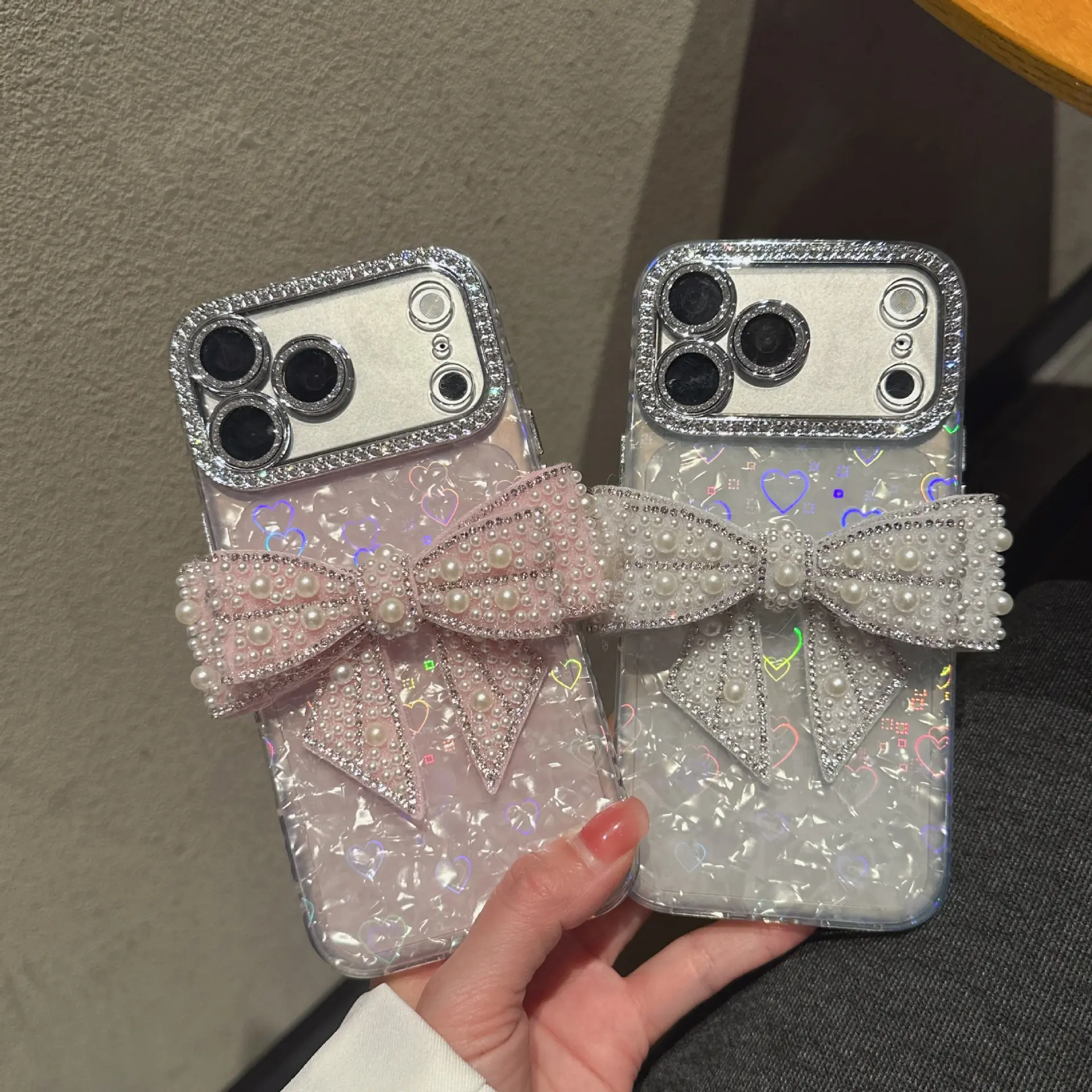 Compatible with iPhone 17 Pro Max/16 Pro/15/14 | Pearl Big Bow Seashell Texture Full Wrap Shockproof Phone Case HNZ0385