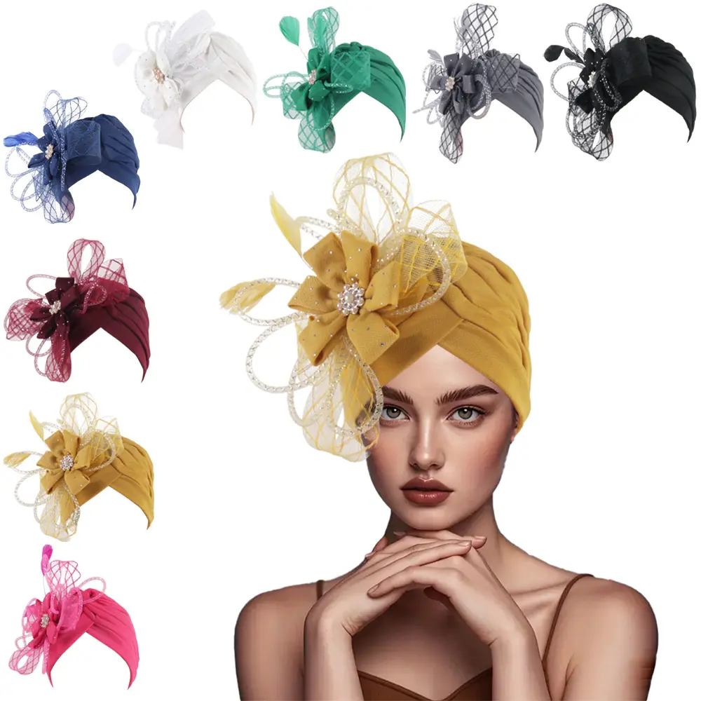 Women's Elegant Rose Striped Floral Fascinator Turban - 1 Size, Vintage Feather Beaded Accents, Mesh Head Wrap for Church Events, One Size