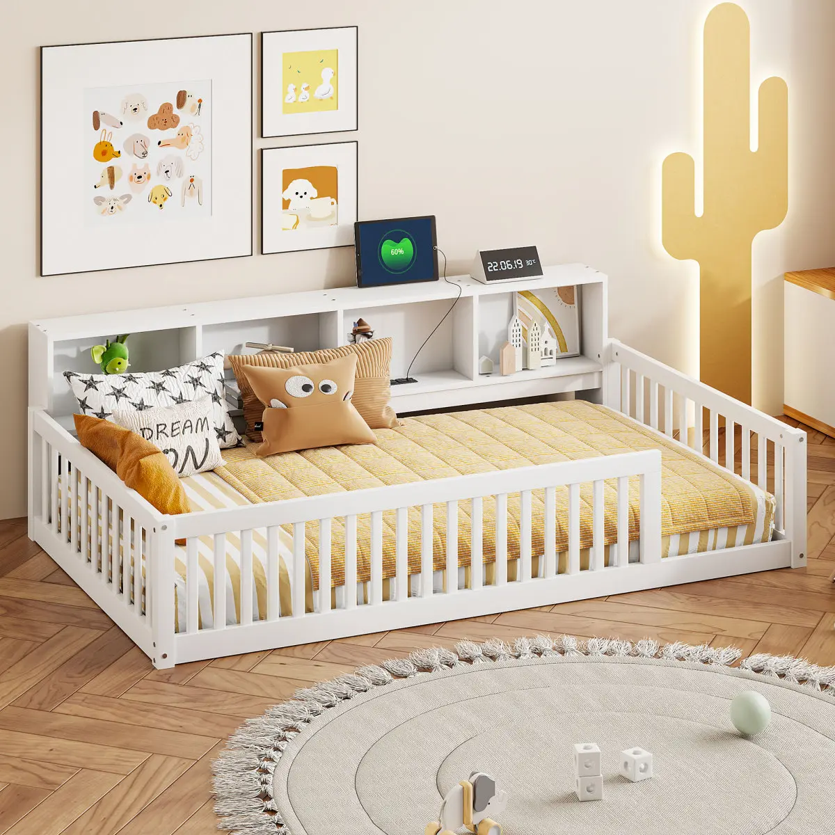 Toddler Floor Bed with Storage - White Pine Wood & MDF Twin XL Nursery Furniture, 83.8"L*48"W*25.1"H, 3 Built-in Storage Cabinets, 2 Standard Plug Outlets, USB Charging, Surround Fence, 400LBS Load Capacity, Fits 8-10 Inch Mattress, No Box Spring Needed,