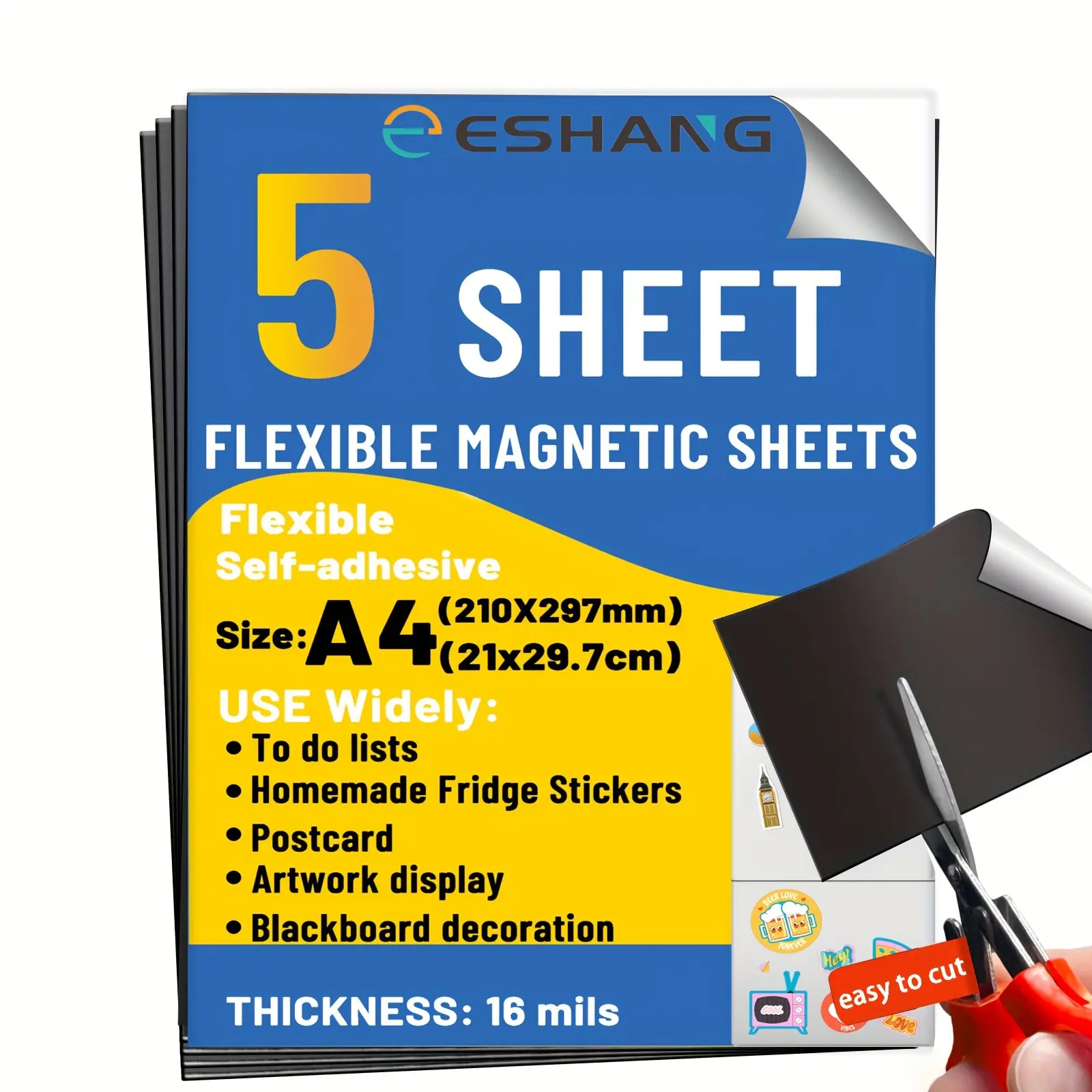 5 Pack A4 Magnetic Adhesive Sheets, 16mils Thick Flexible Magnetic Paper, DIY Craft for Fridge Magnets, Photos, Stickers, Scrapbooking