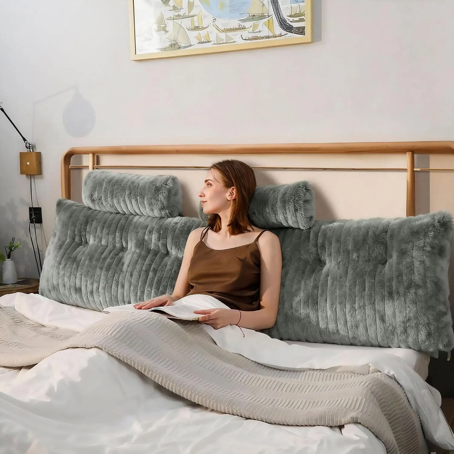 Luxury Faux  Headboard Pillow  Size - Large Triangular Wedge Cushion for Bed & Sofa,  Reading Backrest Bolster with Detachable  Roll, Washable Cover & Side Pocket,