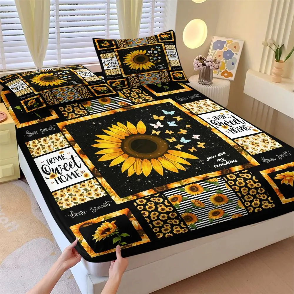 3Pcs Sunflower Bedding Set, Rustic Farmhouse Fitted Sheet Set, Boho Floral Bed Sheets Set with Butterflies, Soft Home Decor Bedding for Bedroom, King/Queen/Full/Twin Size No Fillers, Botanical Bedding Set