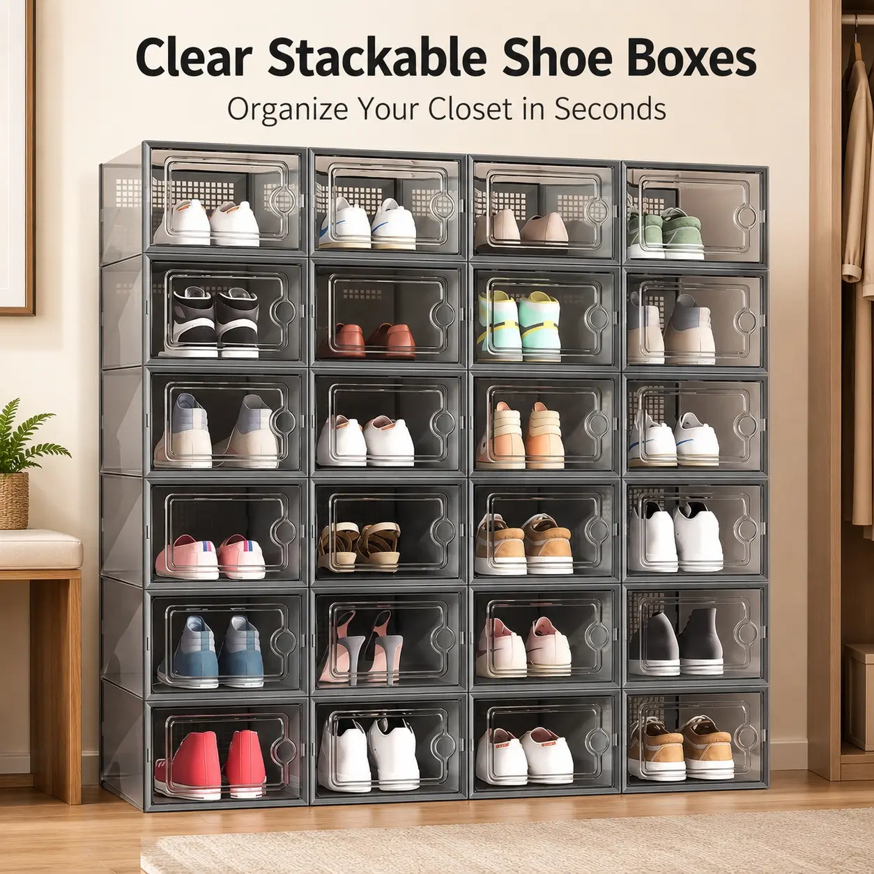 6/12/18/24pcs thickened Clear Shoeboxes with lids, foldable and stackable shoe racks for free combination, plastic sneaker containers, space-saving storage organizers, suitable for entryways, bedrooms, households, and dormitories