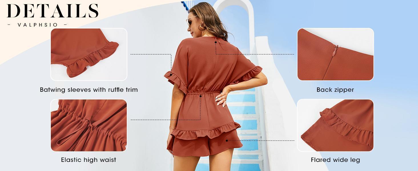 Imily Bela Womens V Neck Beach Romper Ruffle Layered Drawstring Waisted Shorts cute Jumpsuit