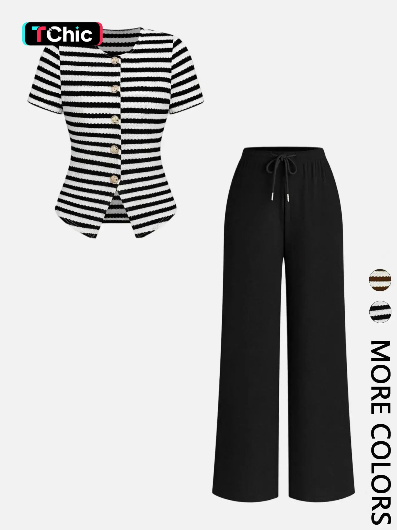 2 Piece Women's Striped Crew Neck Button Front Waist-Cinched Top & Drawstring Waist Wide-Leg Pants Set, Casual Chic Versatile Commuter Clothes Set for Everyday Wear, Regular-Fit Outfit