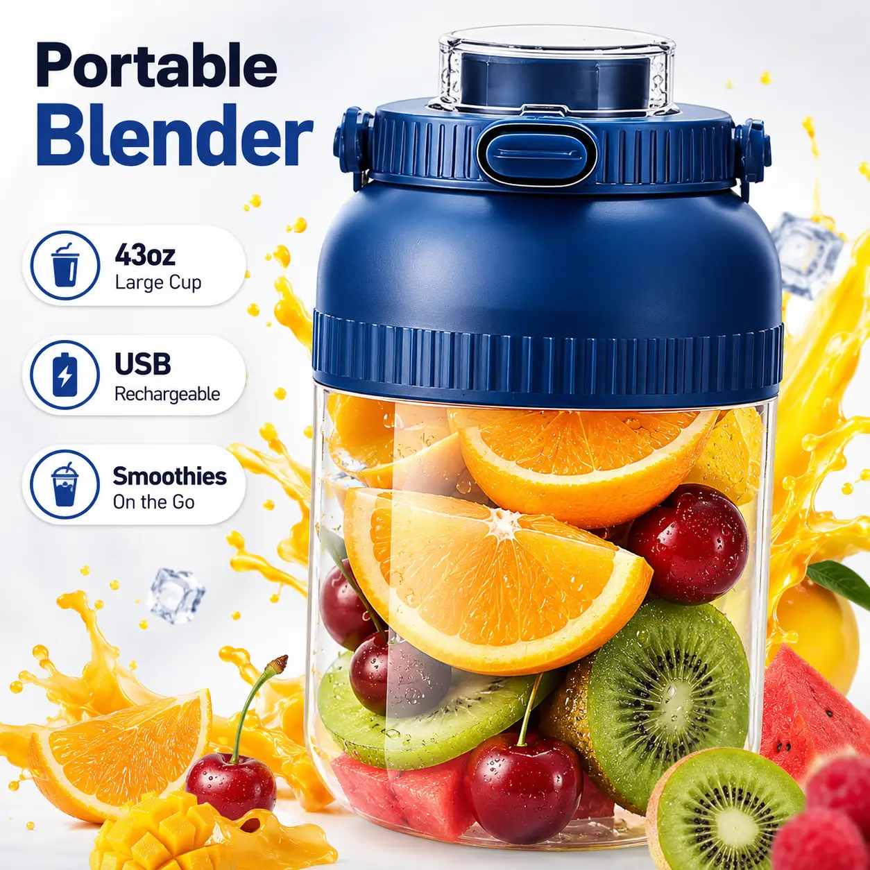 43oz Rechargeable USB Power Personal Compact Blender - BPA-Free Portable Blender with Travel Cup, Lid for Shakes, Smoothie Prep (Home Supplies), Rechargeable Blender, With Lid