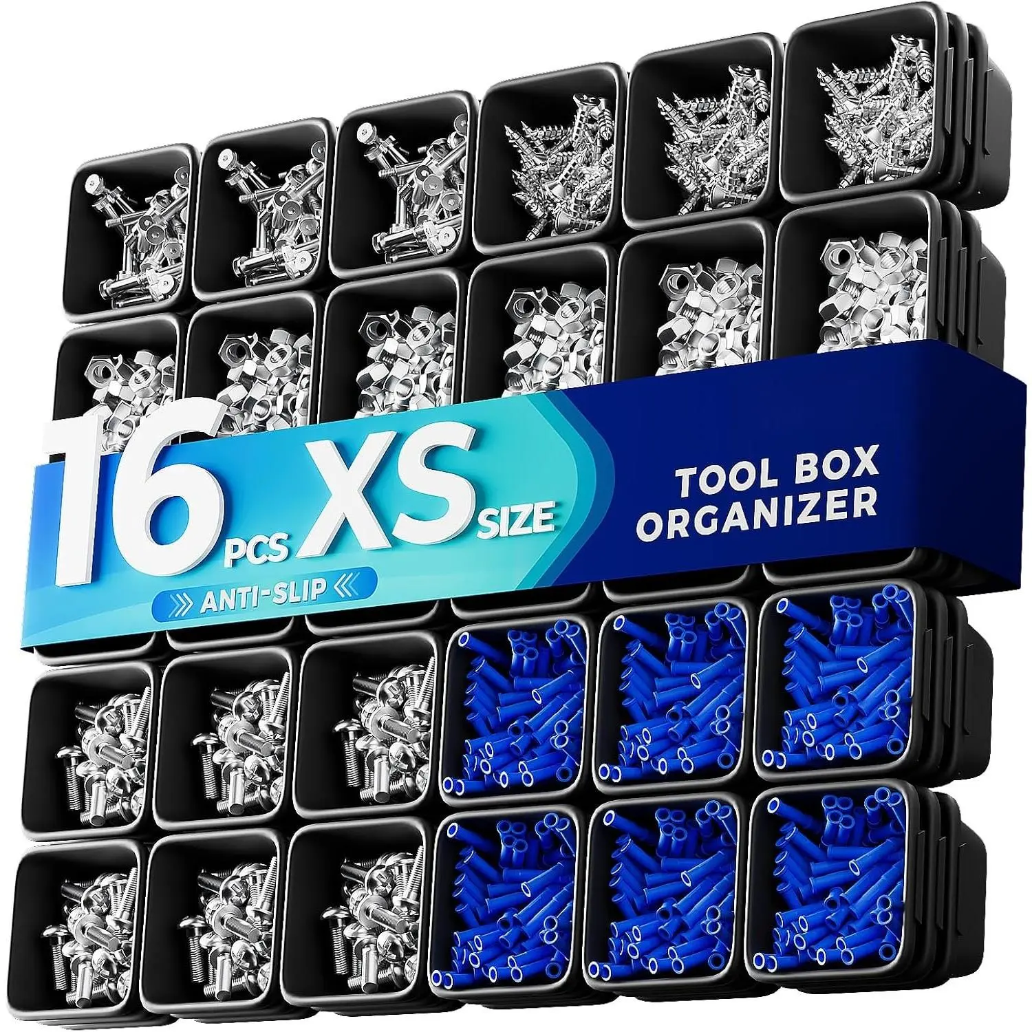 Modern XS Size Hardware Sorter Organizer Trays (16-Count Black) - Extra Small Bins for Nuts, Screws, Washers, Electrical Connectors; Fits Desk Drawers, Toolboxes, Hardware Cabinets
