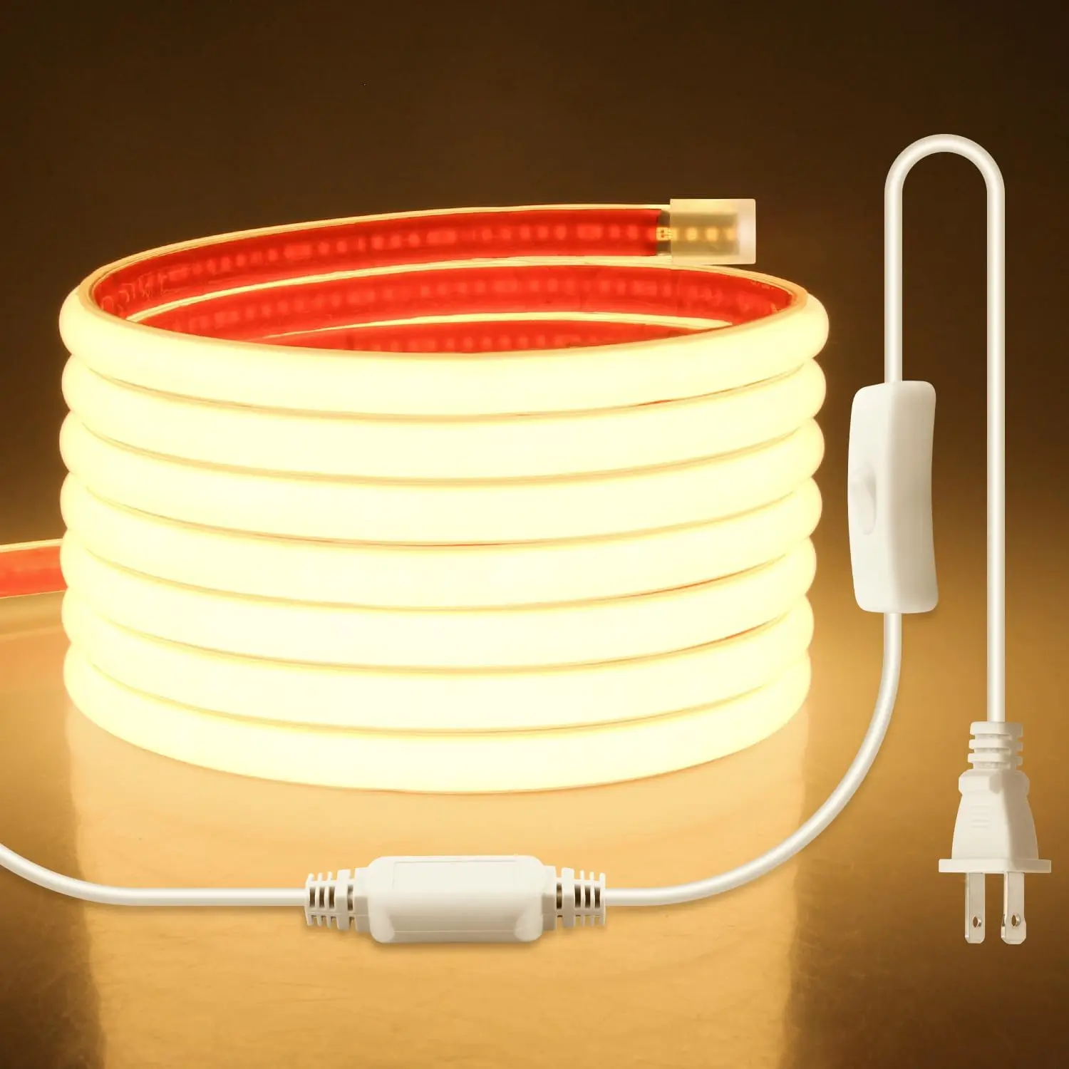 Super Bright 10FT COB LED Rope Lights – 110V/120V Plug in Warm White 3000K, IP67 Waterproof Outdoor Strip with Self-Adhesive for Kitchen Cabinet, Bathroom & Deck Lighting