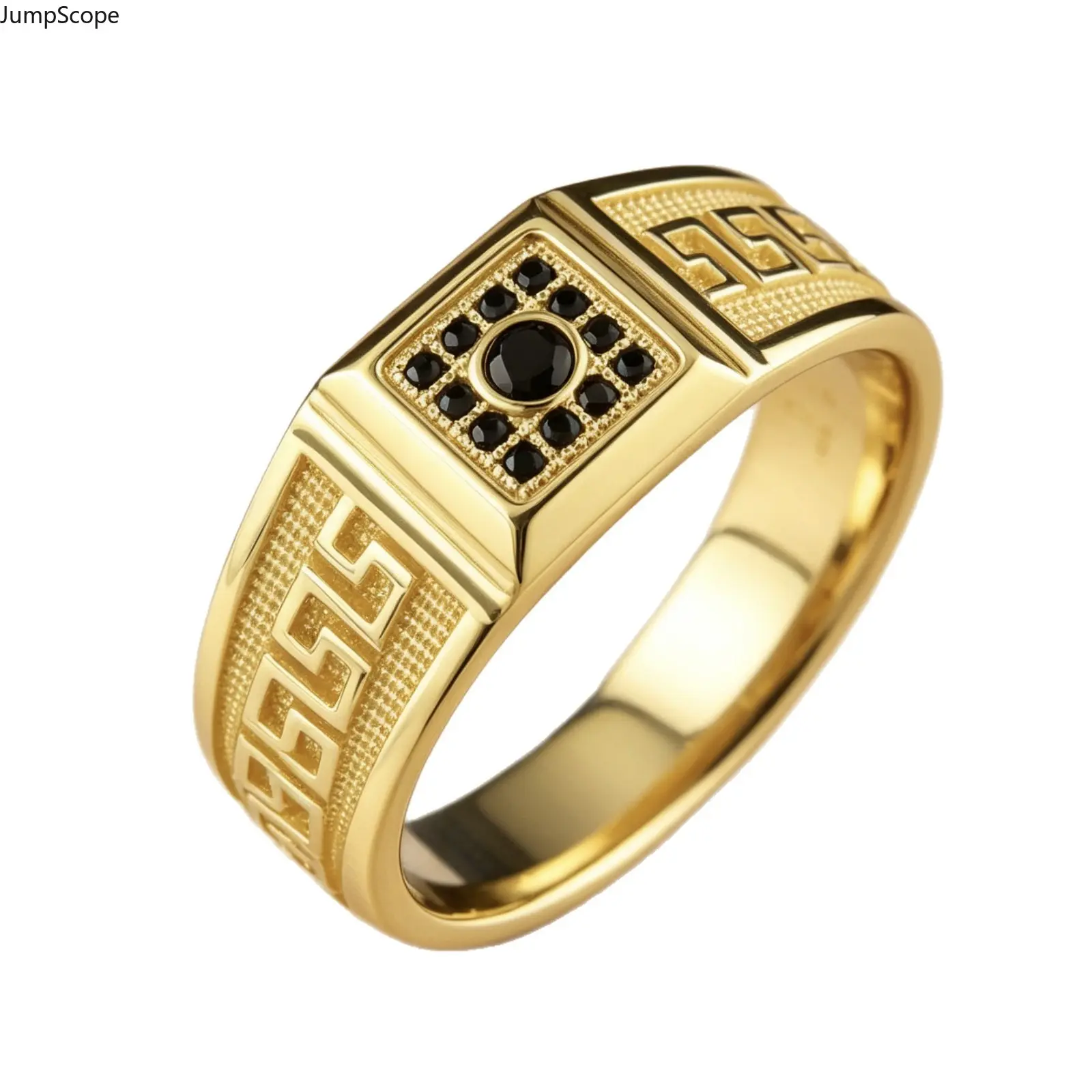 Meander Pattern Halo Black Stone Wide Face Signet Ring - Ideal for Streetwear Styling, Biker Outfits & Sentimental Gifts for Him (Masculine Prestige Meaningful Ring for Semi-Formal Occasions), Rings