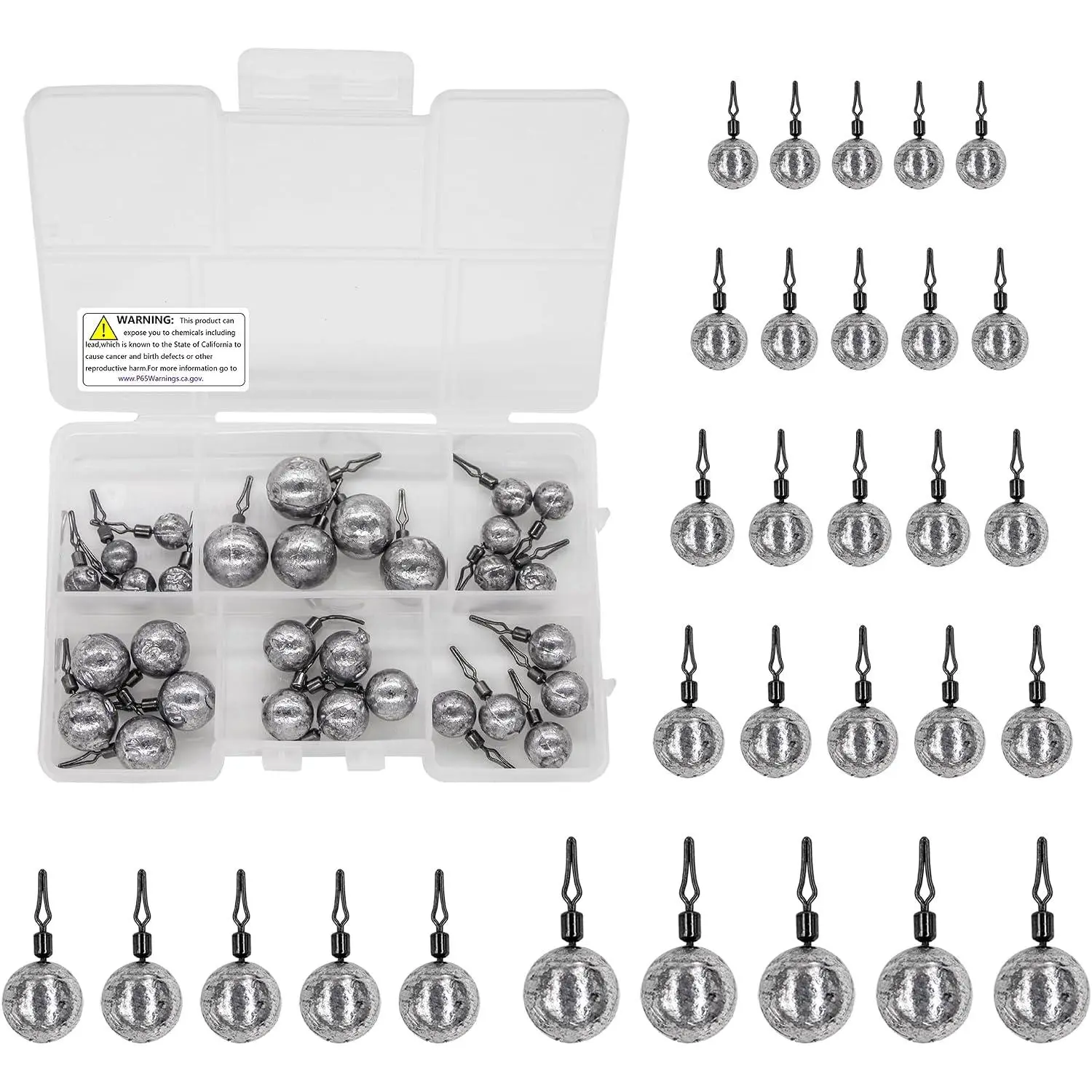 30-Count Ball Shape Fishing Weights Sinkers Set - Mix Sizes Drop Shot Weights with Line Hole for Bass, Fresh/Saltwater Use, Bass Fishing